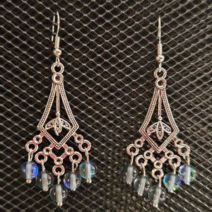 Antique silver kite and smoke/blue mermaid glass/mystic aura chandelier earrings